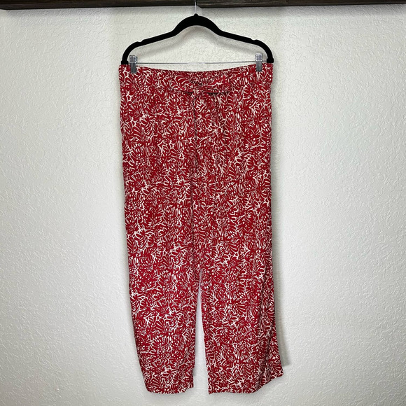 Club Monaco Women Beachy Tropical Print Wide Leg Belted Pull-On Pants Red 12 - Picture 2 of 10
